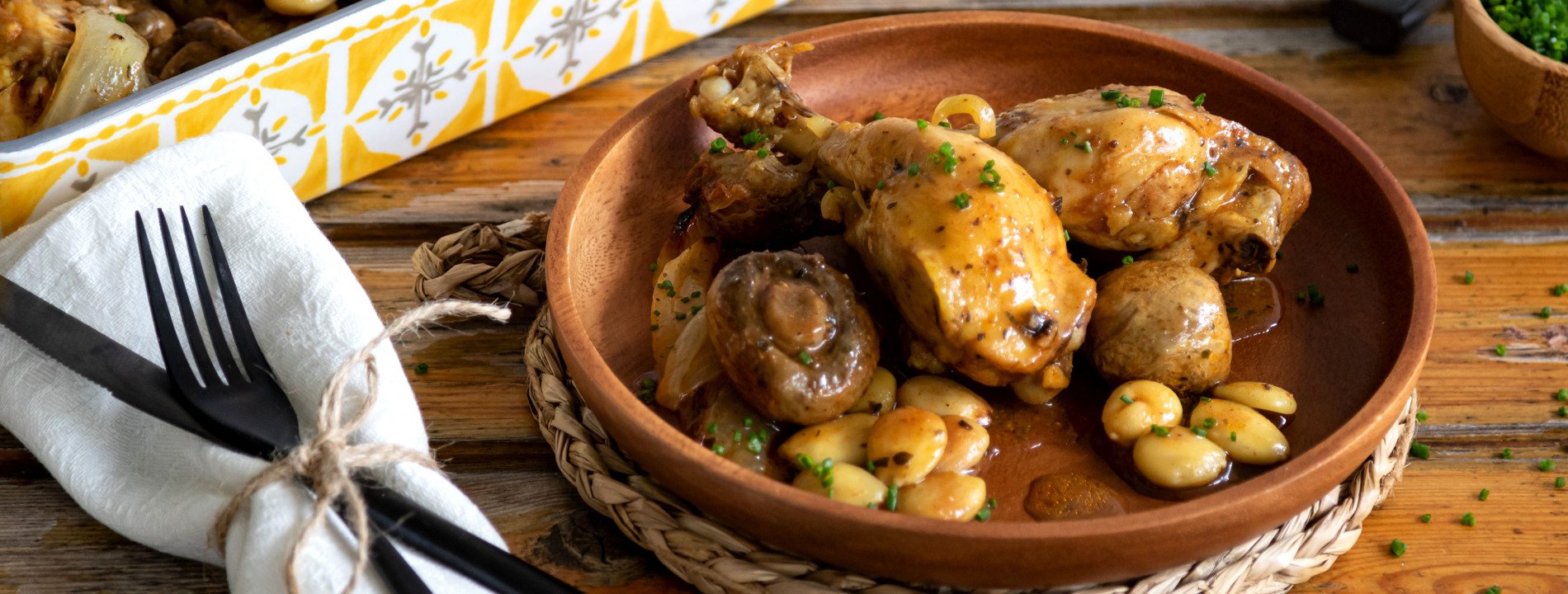 Pernas de Frango com Cogumelos e Amêndoas