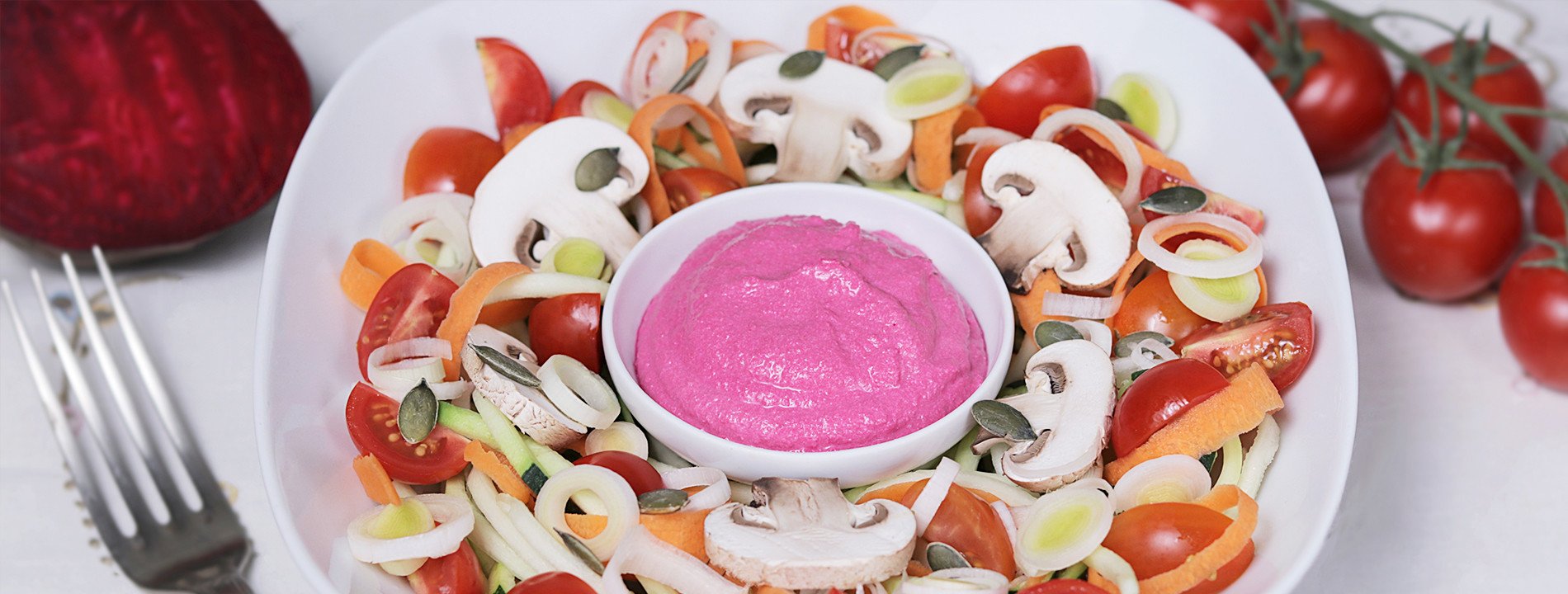 Courgette and Carrot Salad with Beet Hummus