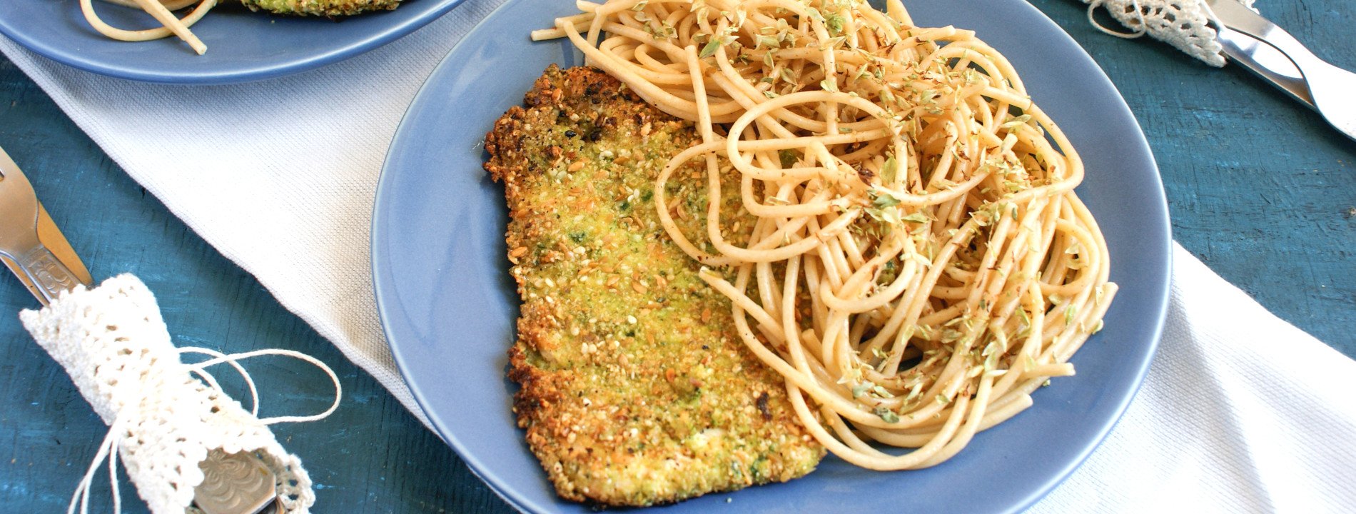 Frango Panado com Massa Integral Aglio e Olio